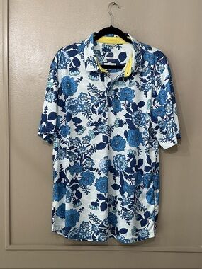 Blue Floral Men’s Polo with Yellow Trim